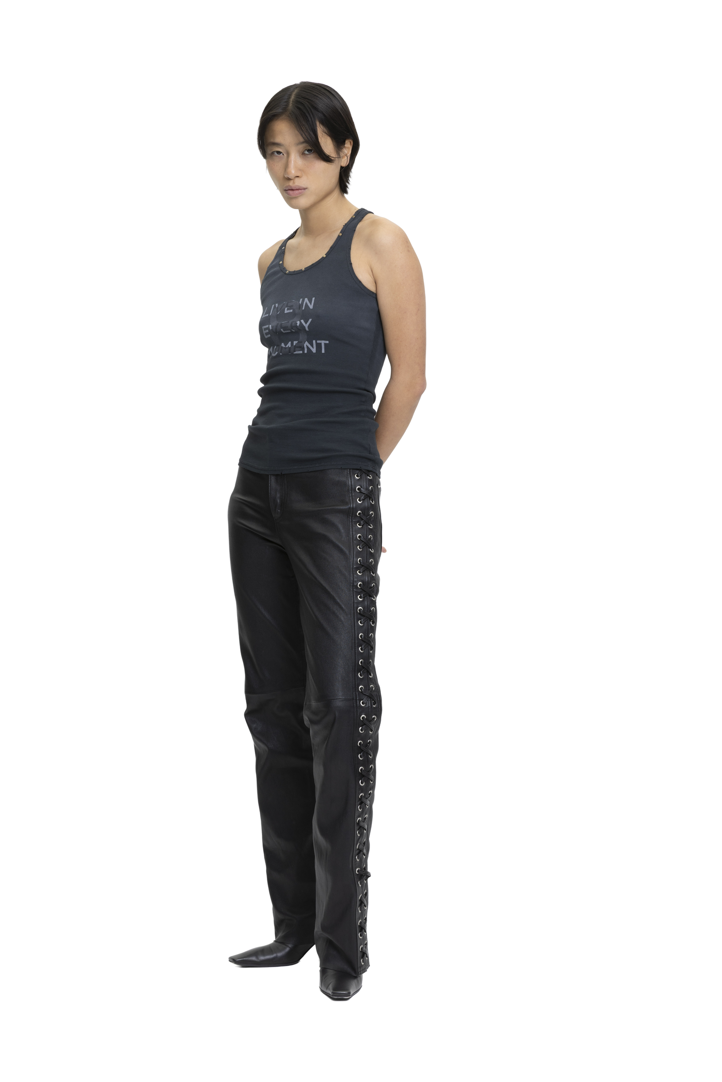 Eyelet Leather Pants Black