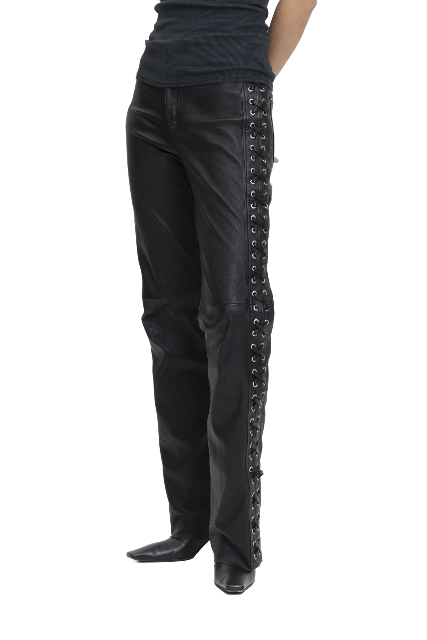 Eyelet Leather Pants Black
